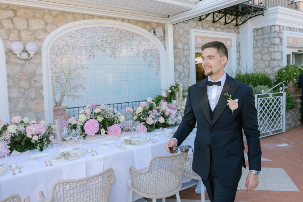 groom walking into a wedding in Capri, hotel luna