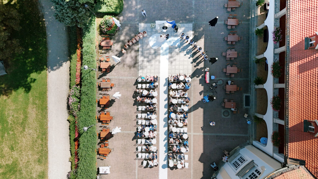 drone shoot during wedding ceremony outdoors Munich Kurhaus Bad Tölz